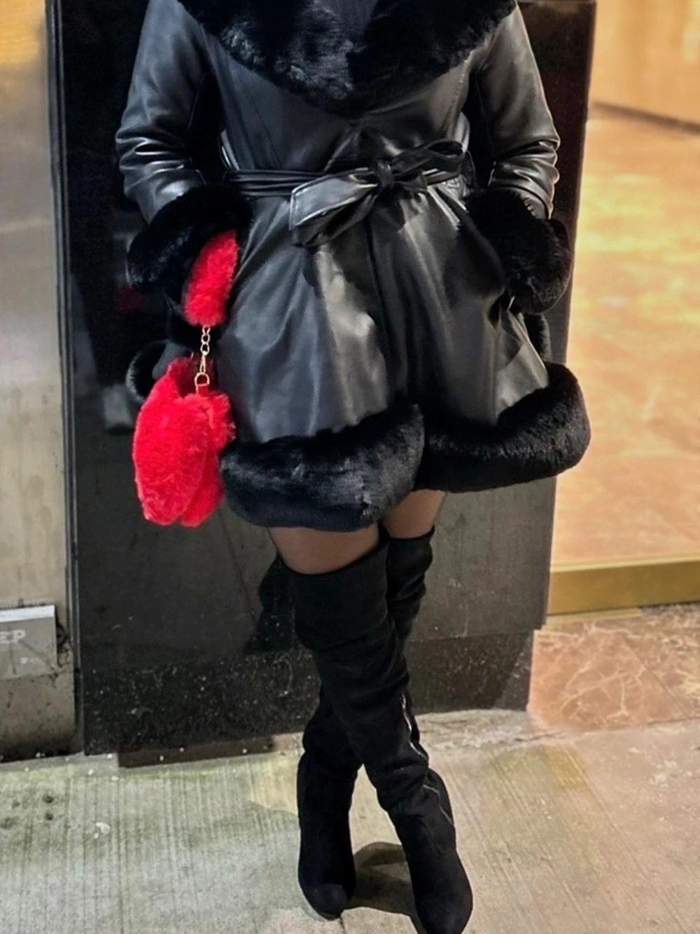 Black Faux Fur Trim Belted Coat Like New
